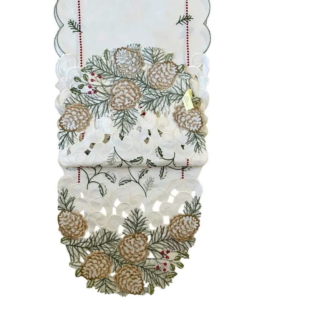 Ridgefield Home Embroidered Christmas Table Runner 14x72 Pine Cones Holly Berry